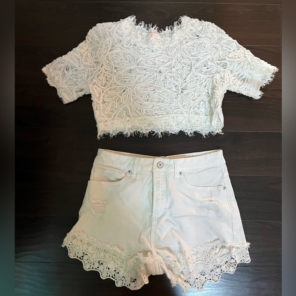 2 piece white crochet top and denim short with knit trim size M